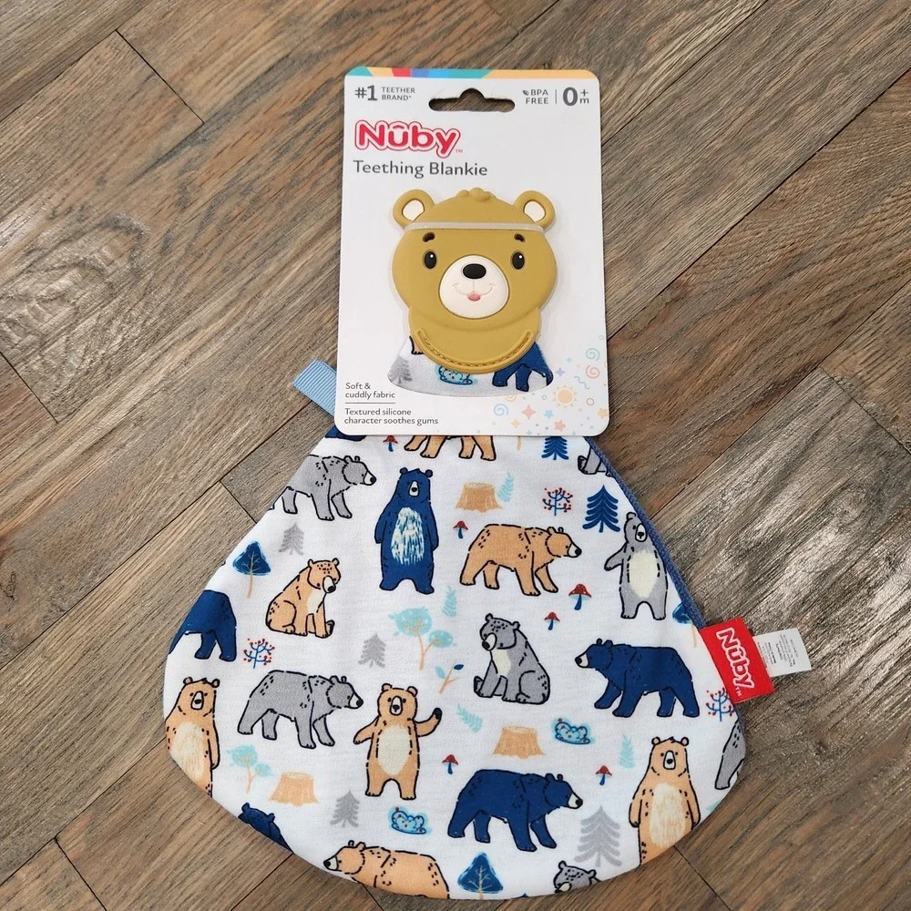 Nuby Teething Blankie Silicone Teddy Bear Woodland Lovey Security Blue Blanket‎